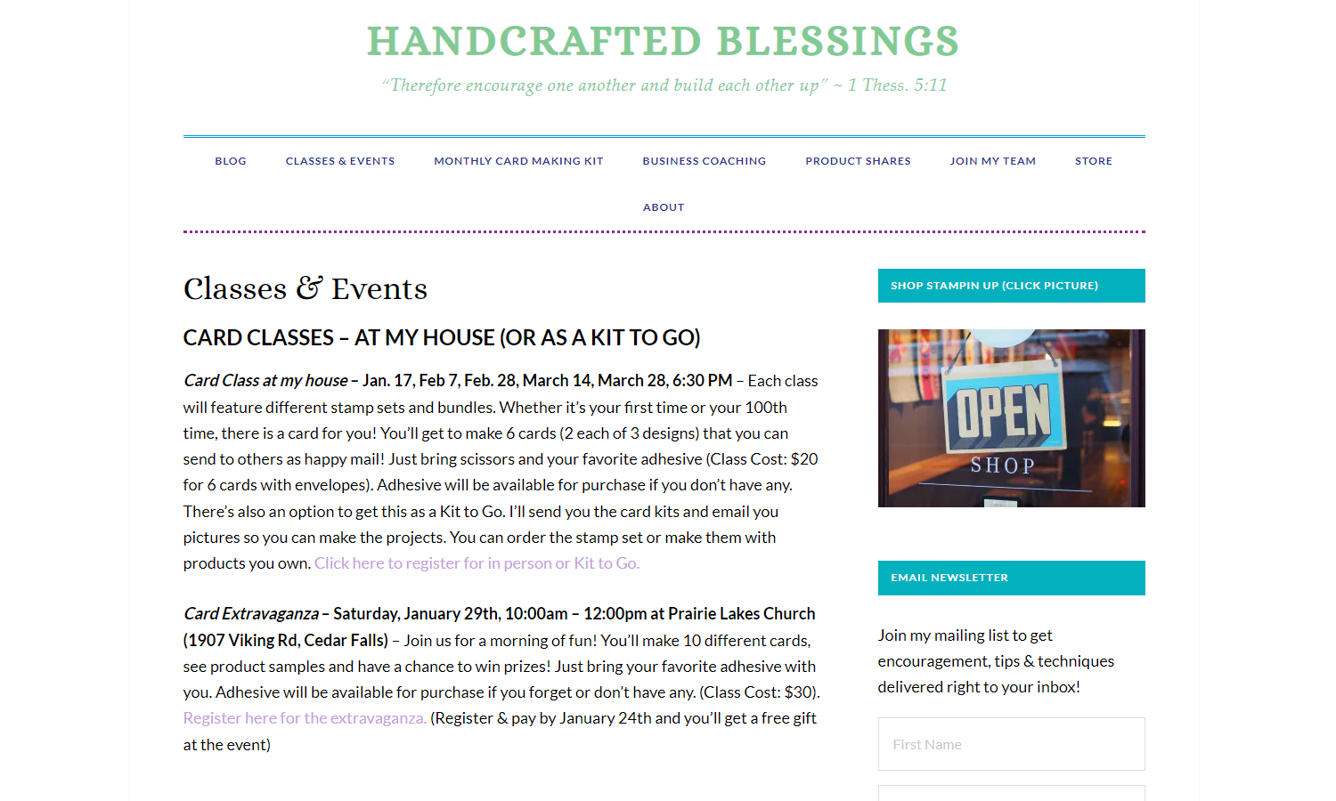 Handcrafted Blessings Web Design Business Classes Page