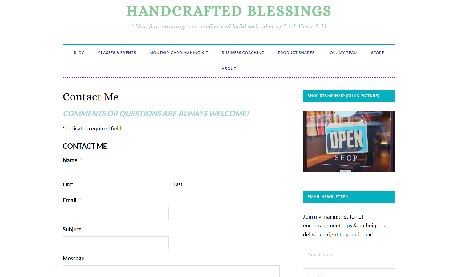 Handcrafted Blessings Web Design Contact Page