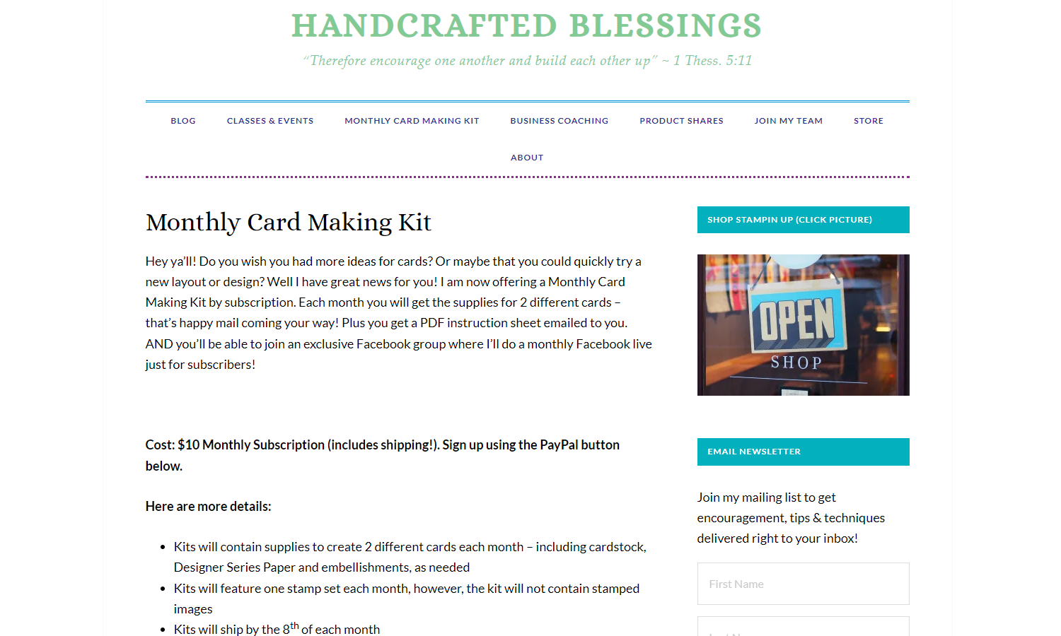 Handcrafted Blessings Web Design Subscription Page